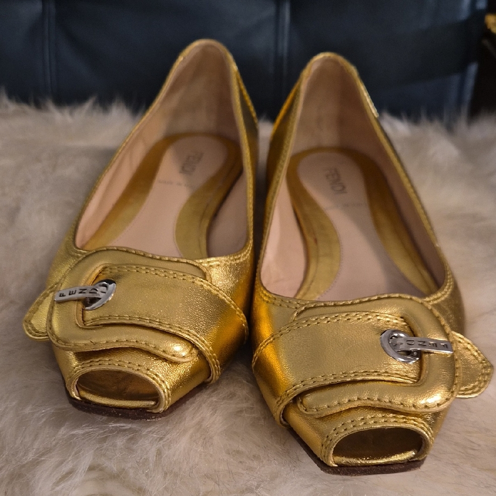 Fendi Gold Peep-Toe Loafers